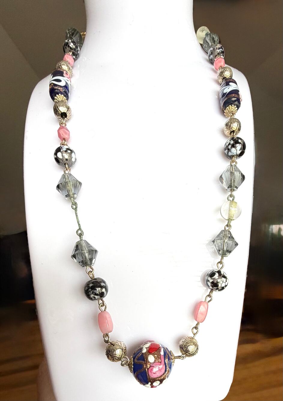 Vintage 1950 Venetian Murano Millefiori Glass Bead Station Necklace Missing Bead